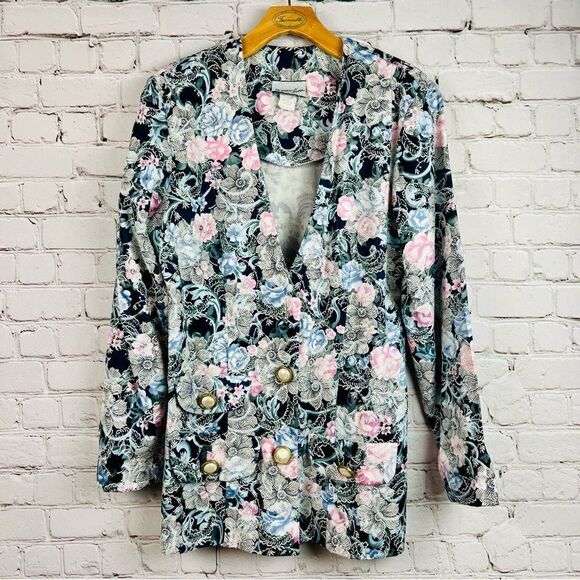 Vintage 90s Breakin’ Loose Navy Floral Tapestry Blazer - Picture 3 of 15